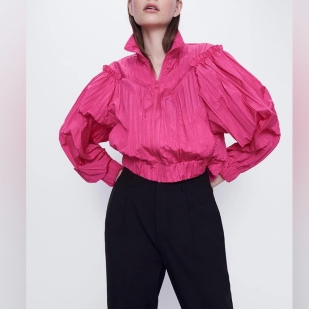Zara pleated, ruffled jacket Fuchsia NWT - Picture 2 of 5